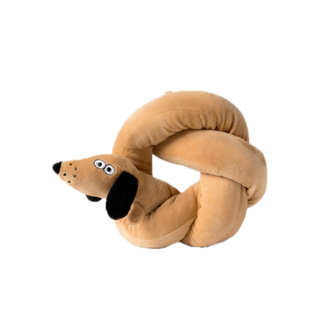 Plush dog toy shaped like a snake on a white background